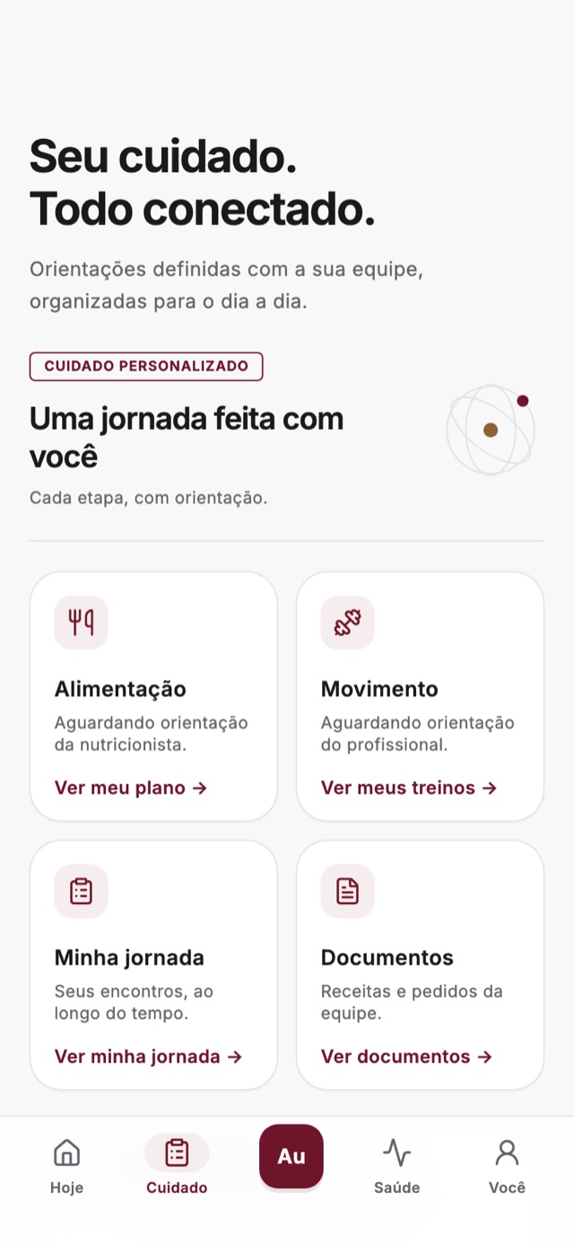 Tela Cuidado do app do paciente, com alimentação, movimento e documentos
