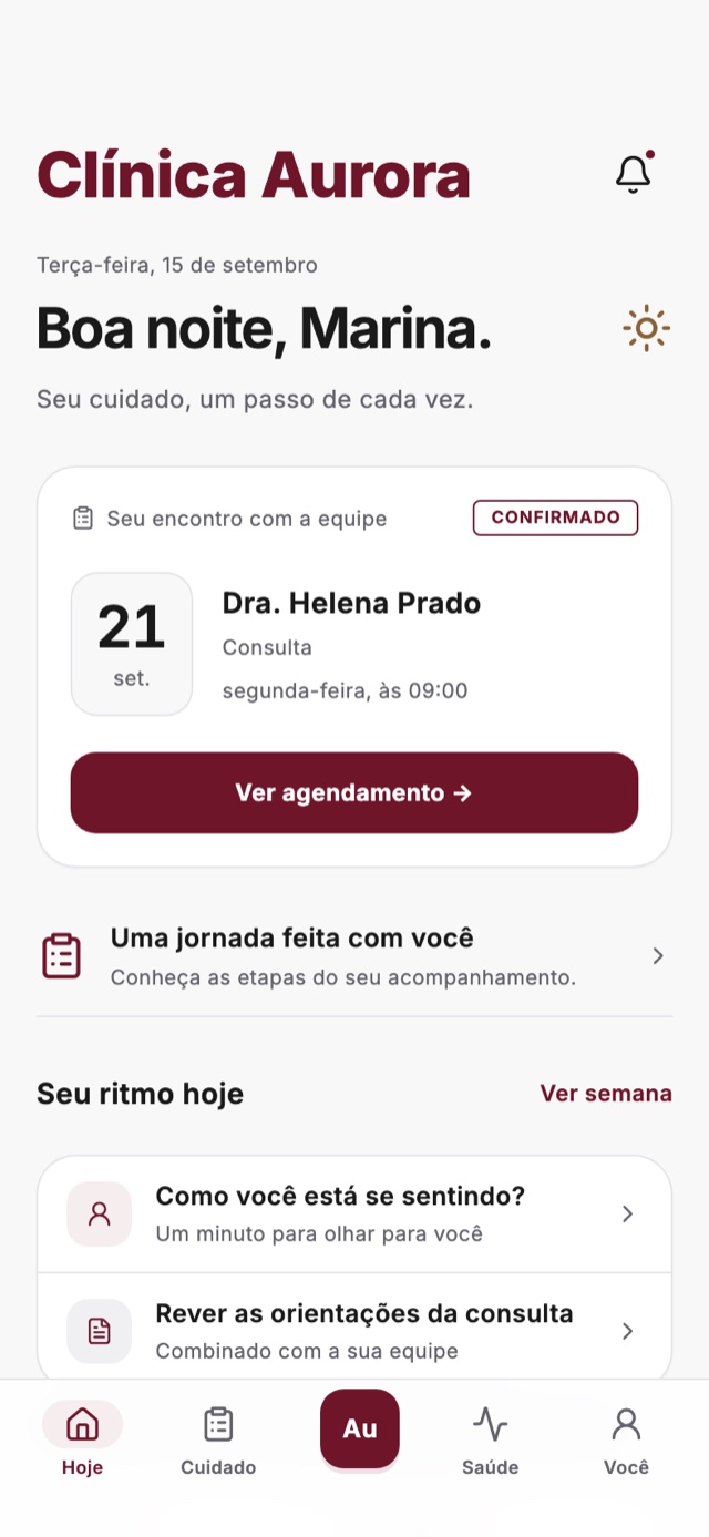 Tela Hoje do app do paciente, com a próxima consulta e o ritmo do dia